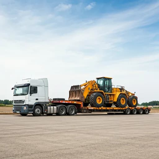 Transporte de maquinaria pesada en Chile - CF Rental Camión logístico transportando maquinaria pesada